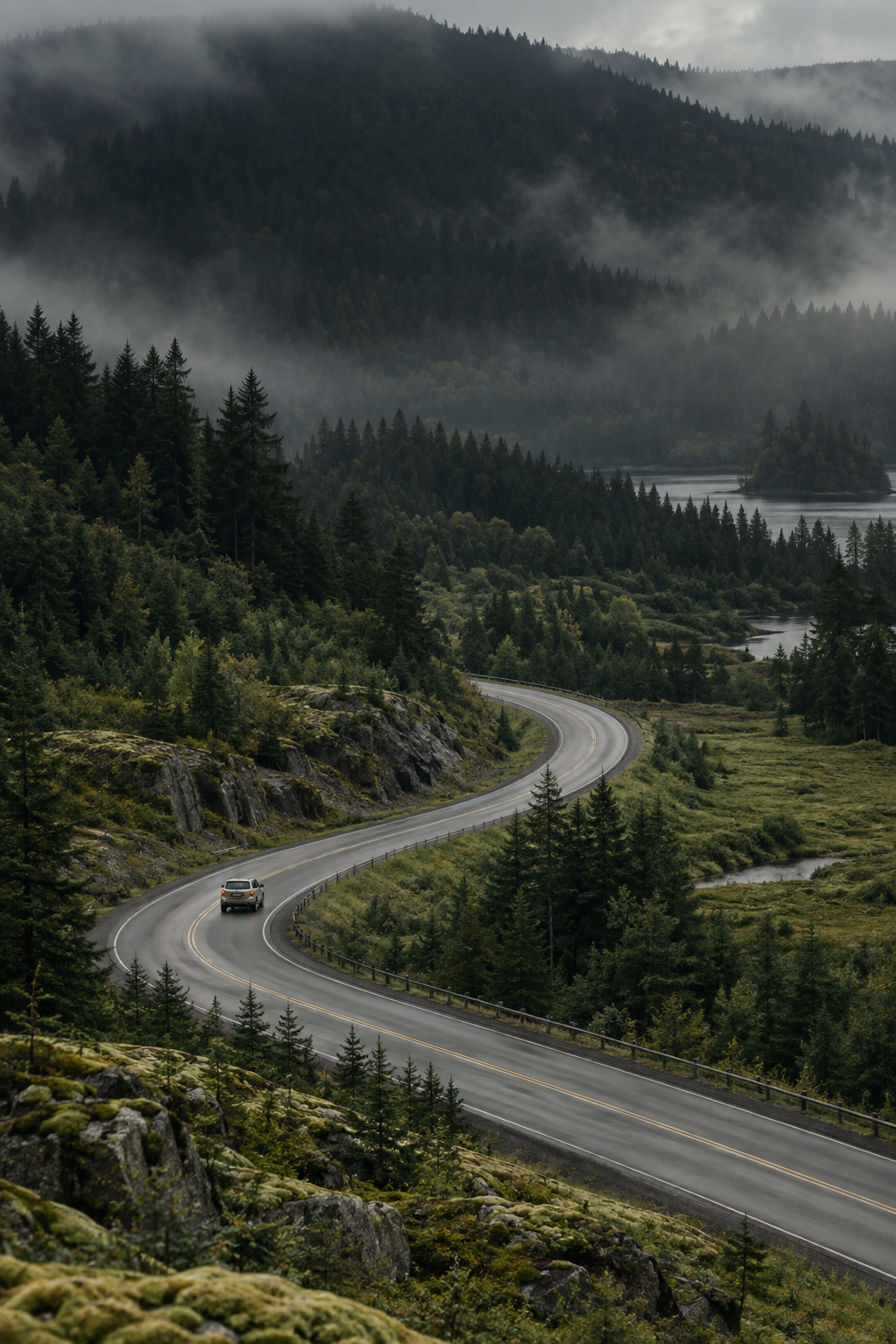 A quiet road through a green forest